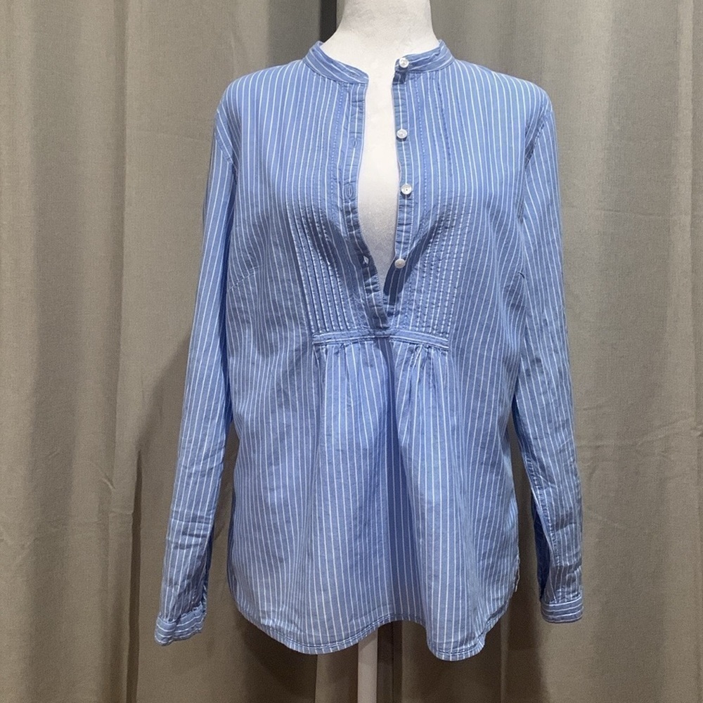 L.L. Bean Blue and White Striped Roll Tab Sleeve Top Size Medium - Picture 7 of 15